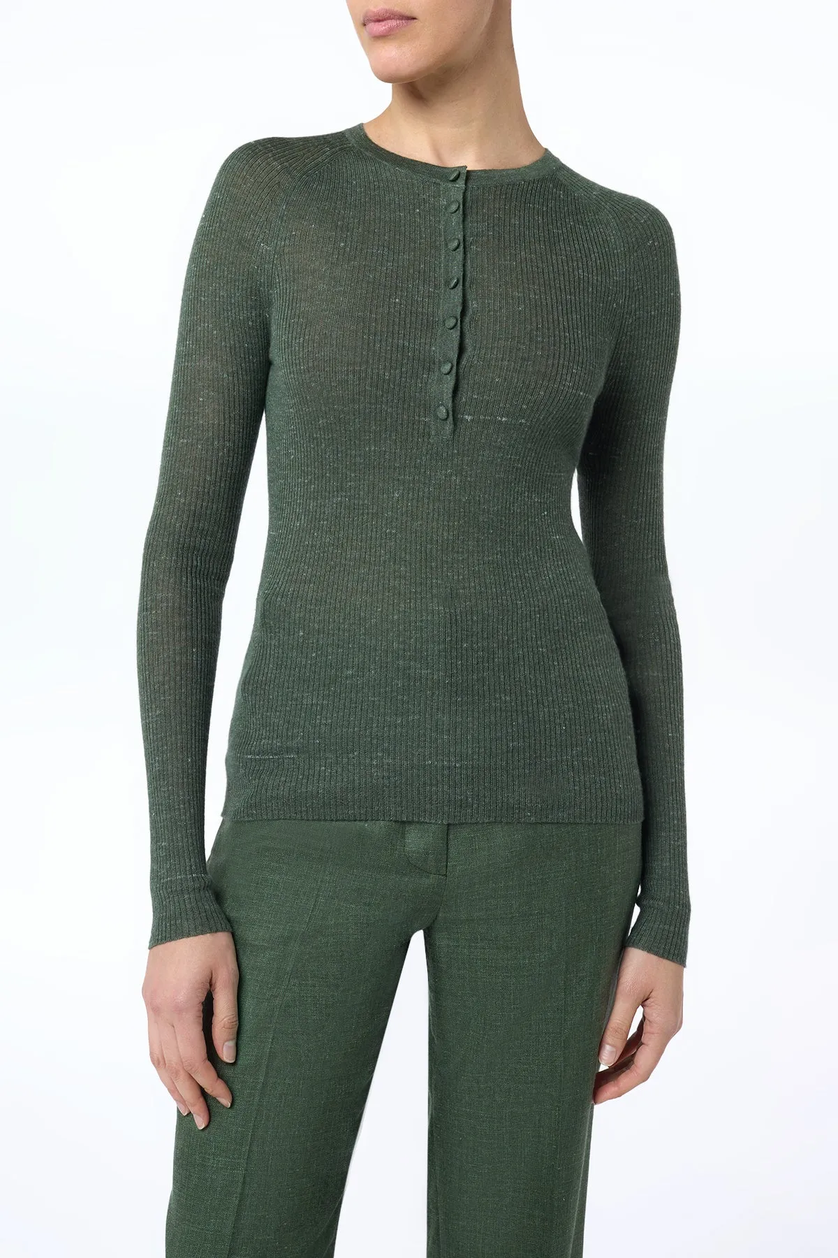 Anges Knit Henley in Olive Cashmere Silk with Hemp