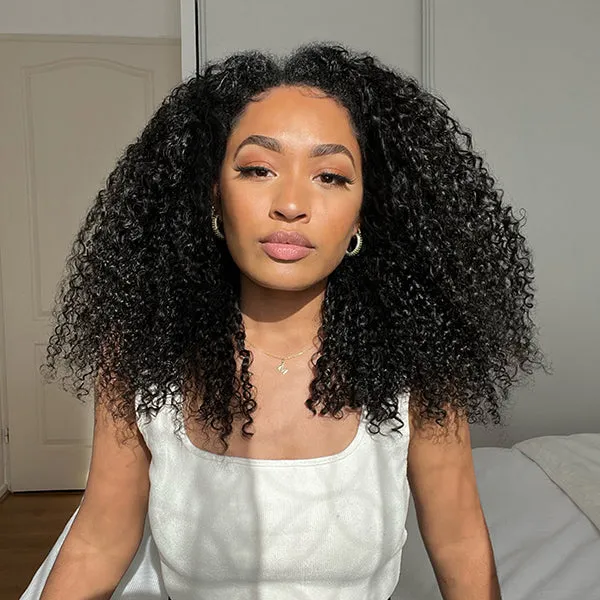 Beginner Friendly Deep Curly V Part Natural Scalp Glueless Mid Part Long Wig 100% Human Hair