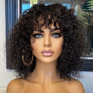 Beginner Friendly Water Wave Minimalist Lace Glueless Short Curly Wig with Bangs
