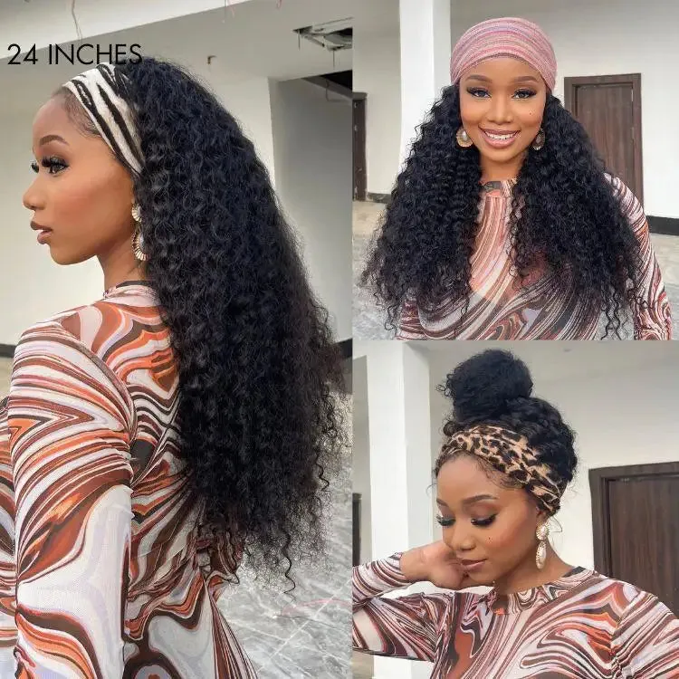 Black / Brown Highlight Deep Wave Headband Wig (Get Free Trendy Headbands)