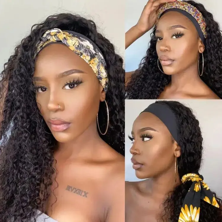 Black / Brown Highlight Deep Wave Headband Wig (Get Free Trendy Headbands)