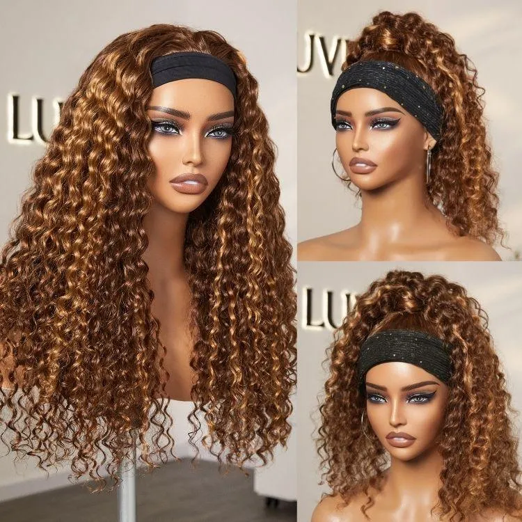 Black / Brown Highlight Deep Wave Headband Wig (Get Free Trendy Headbands)