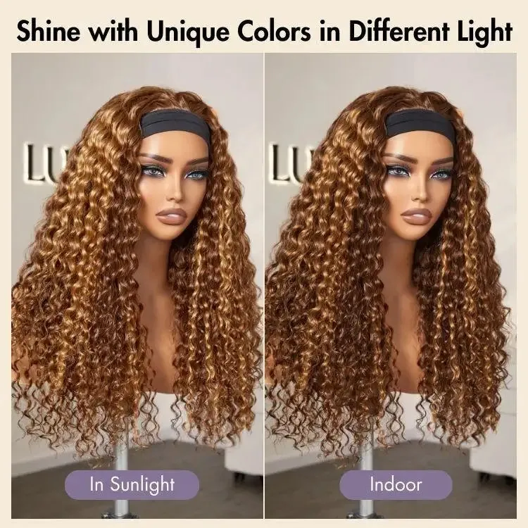 Black / Brown Highlight Deep Wave Headband Wig (Get Free Trendy Headbands)