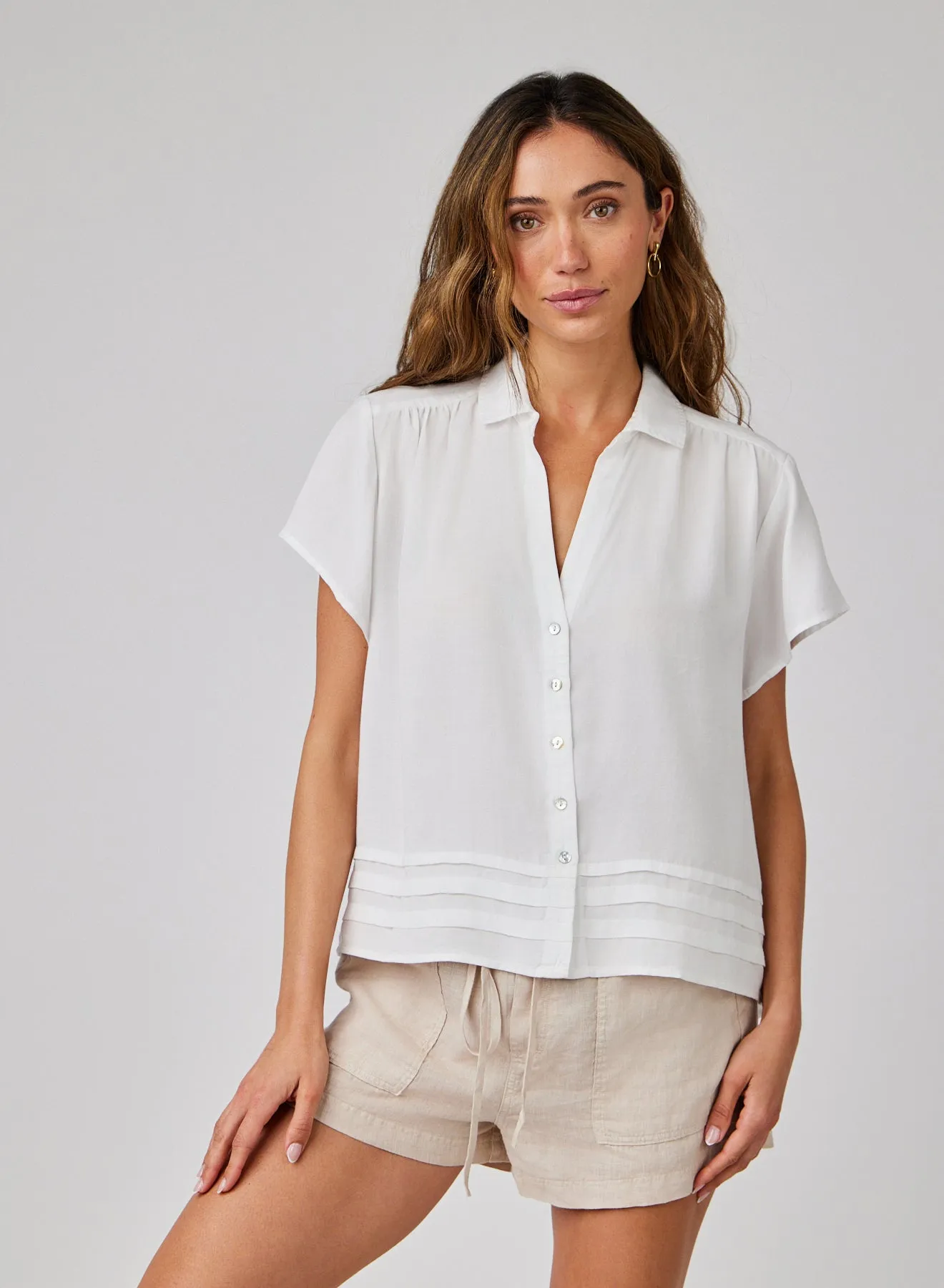 Cap Sleeve Pintuck Button Down - White