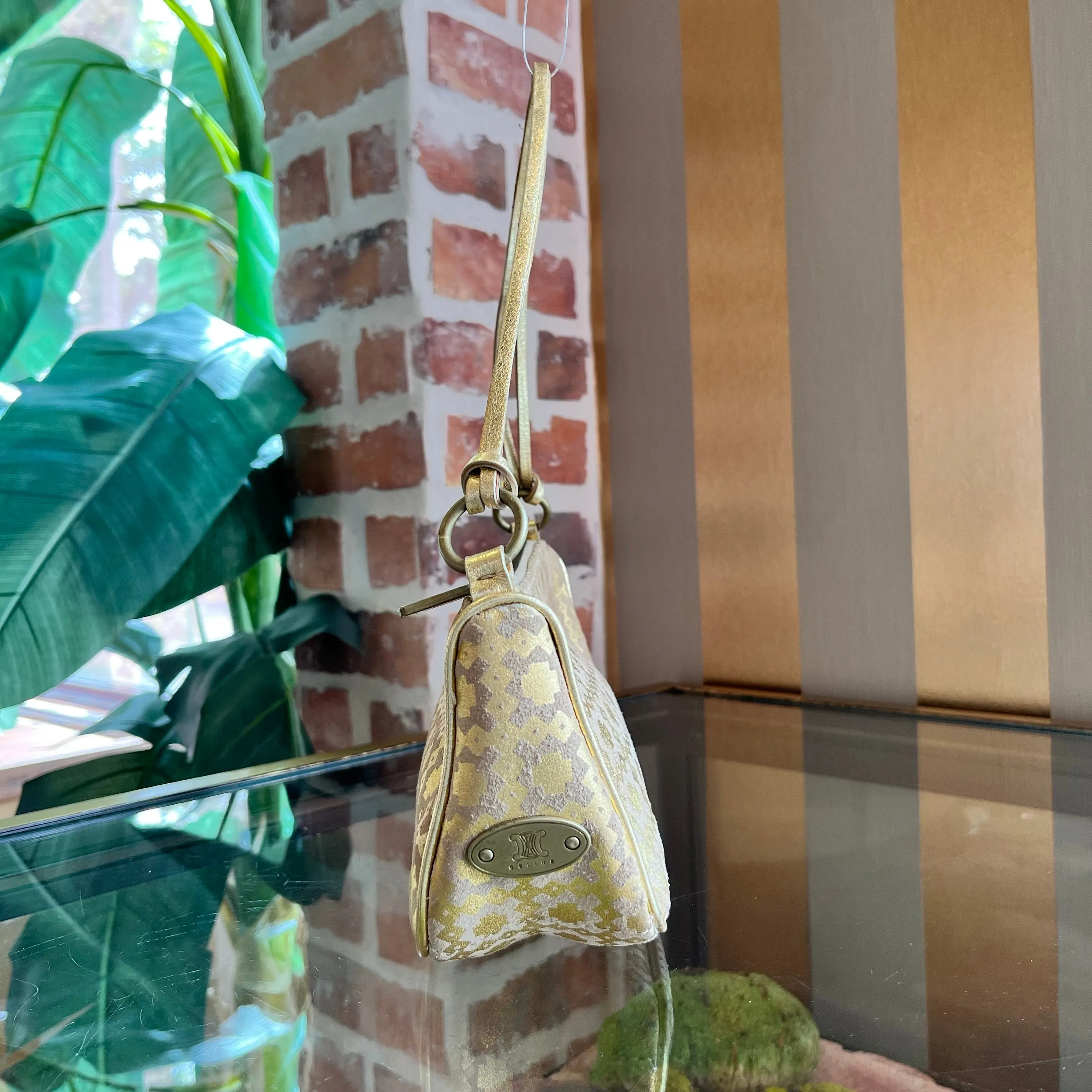 CELINE Metallic Gold Suede Leather Vintage Shoulder Bag