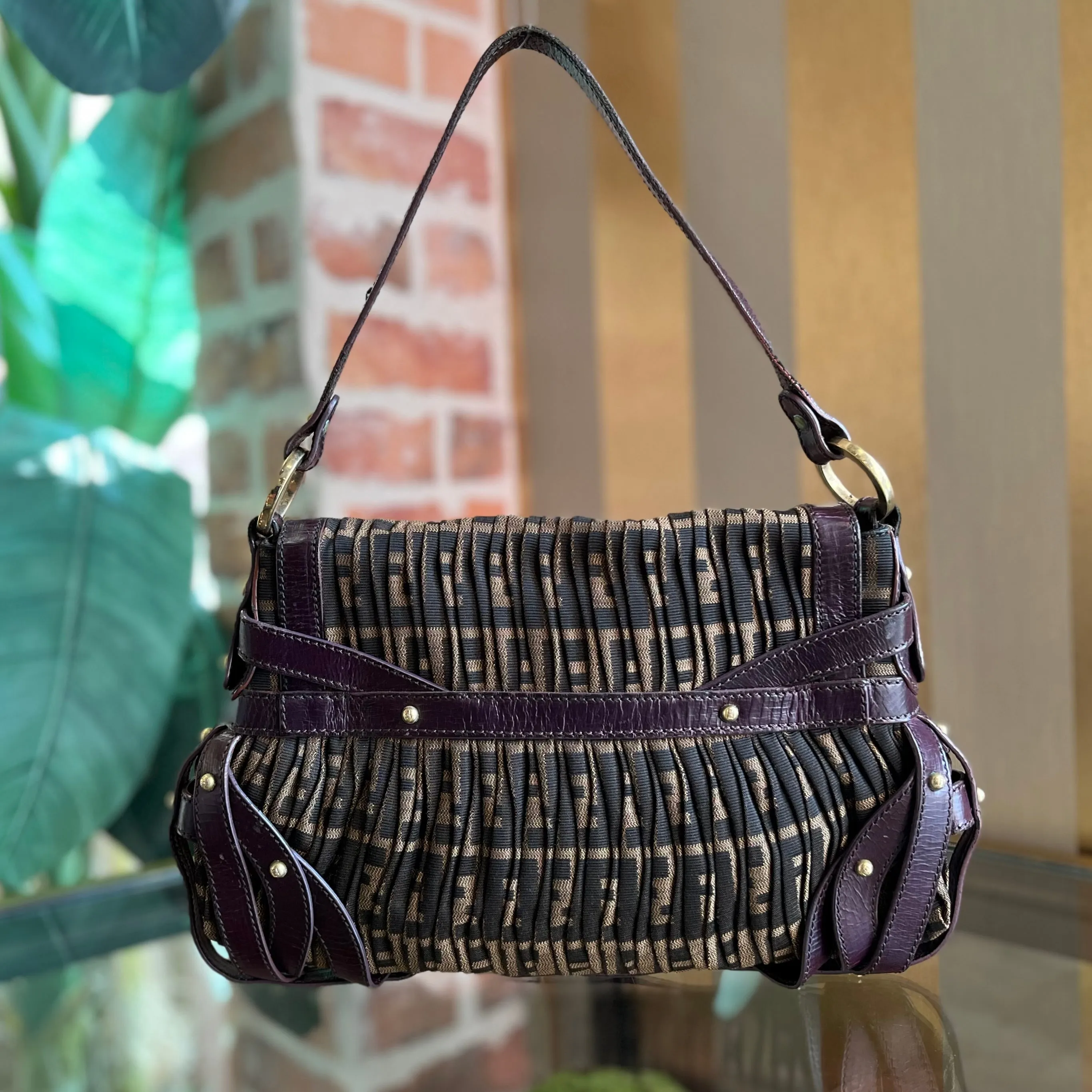 FENDI Brown Pleated FF Zucca Canvas Shoulder Bag Tobacco