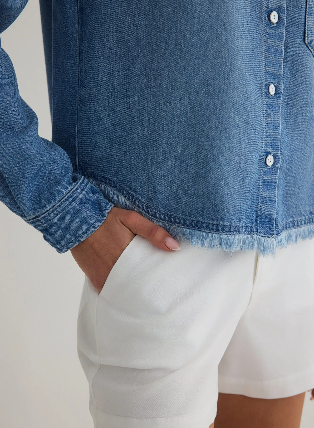 Fray Hem Cropped Button Down - Amalfi Marine Wash