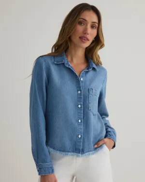 Fray Hem Cropped Button Down - Amalfi Marine Wash