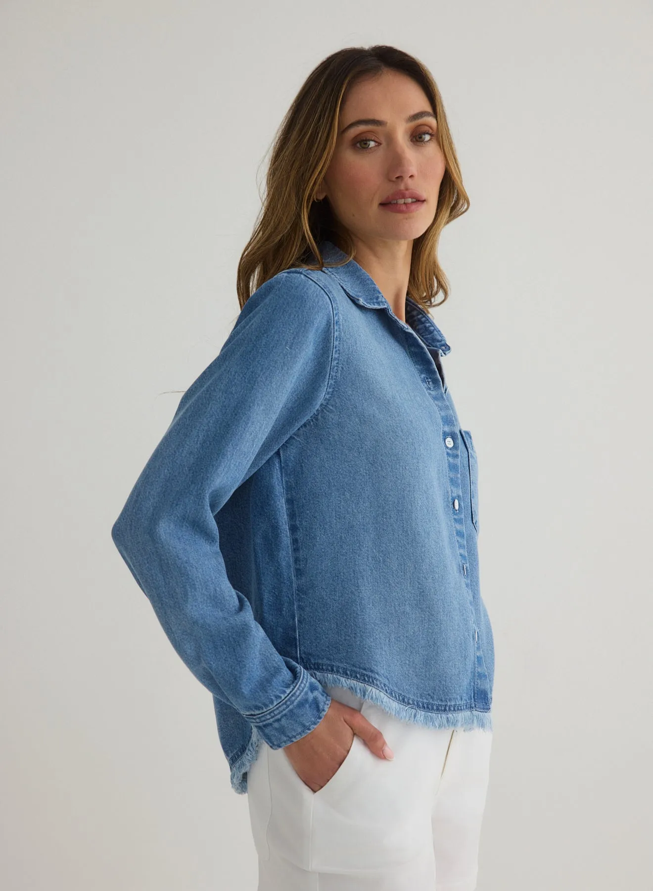Fray Hem Cropped Button Down - Amalfi Marine Wash