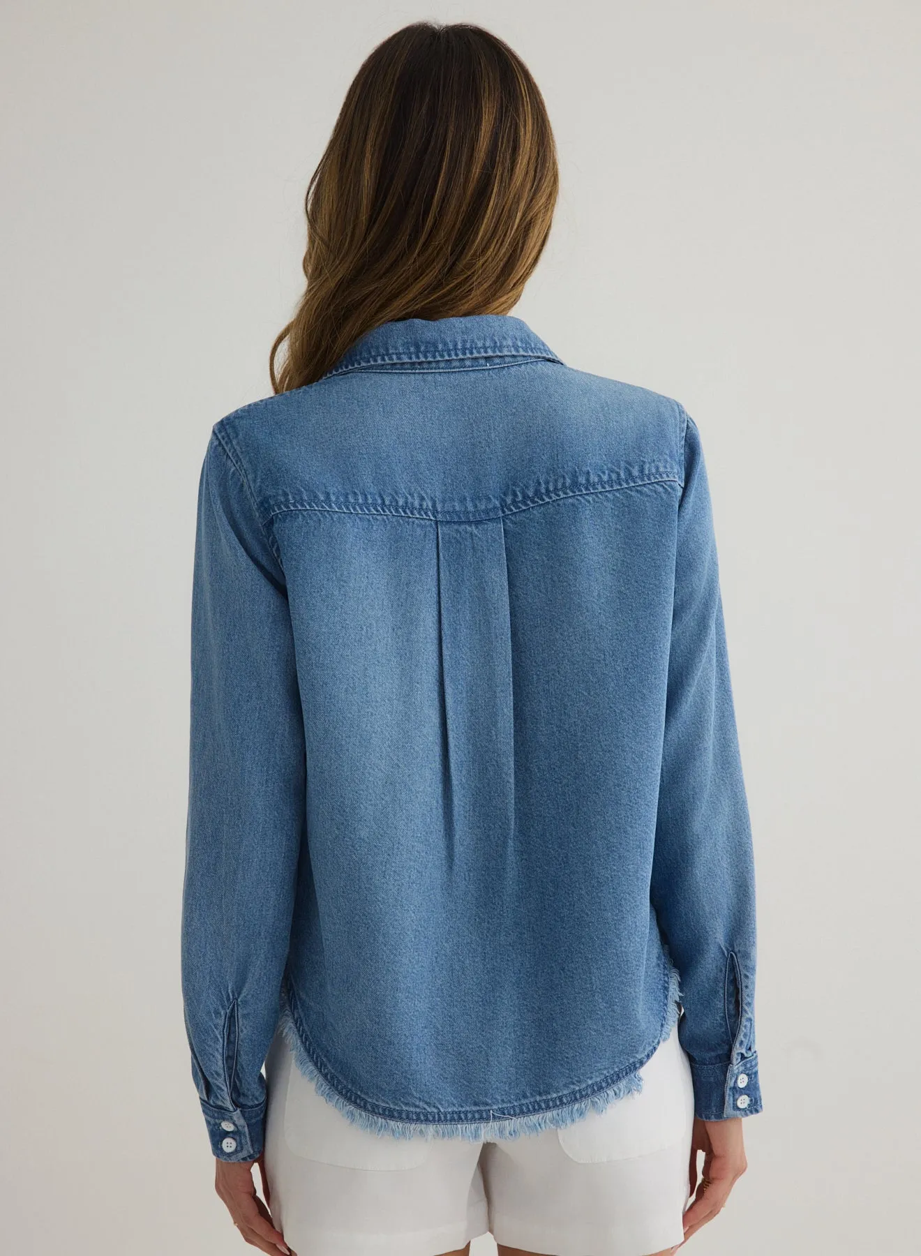 Fray Hem Cropped Button Down - Amalfi Marine Wash