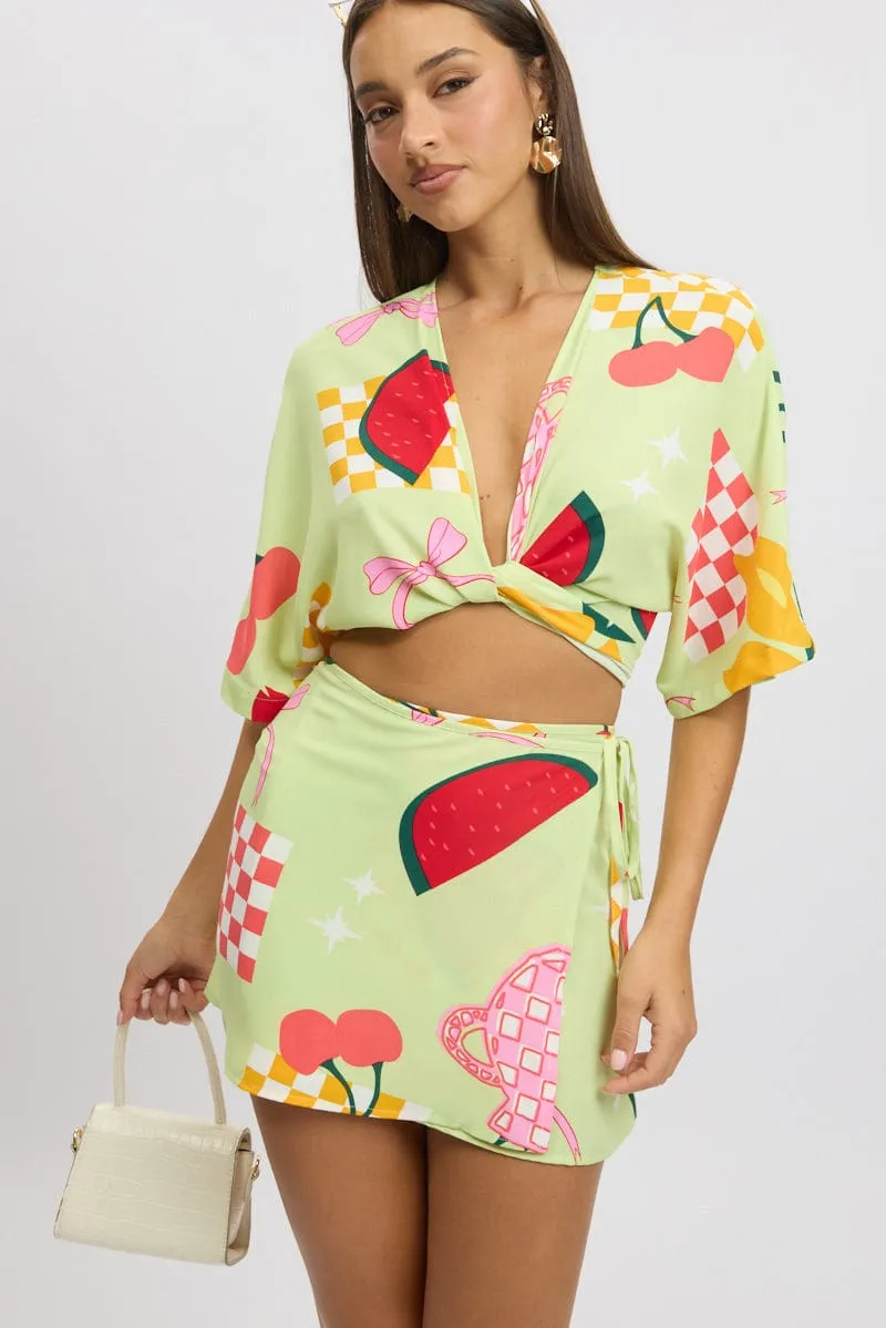 Green Abstract Wrap Skirt High Rise Mini