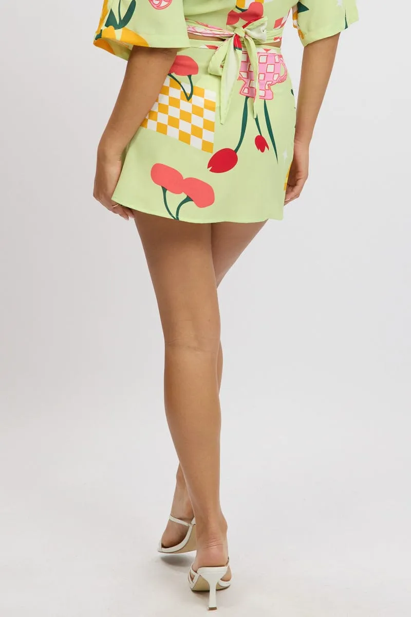 Green Abstract Wrap Skirt High Rise Mini