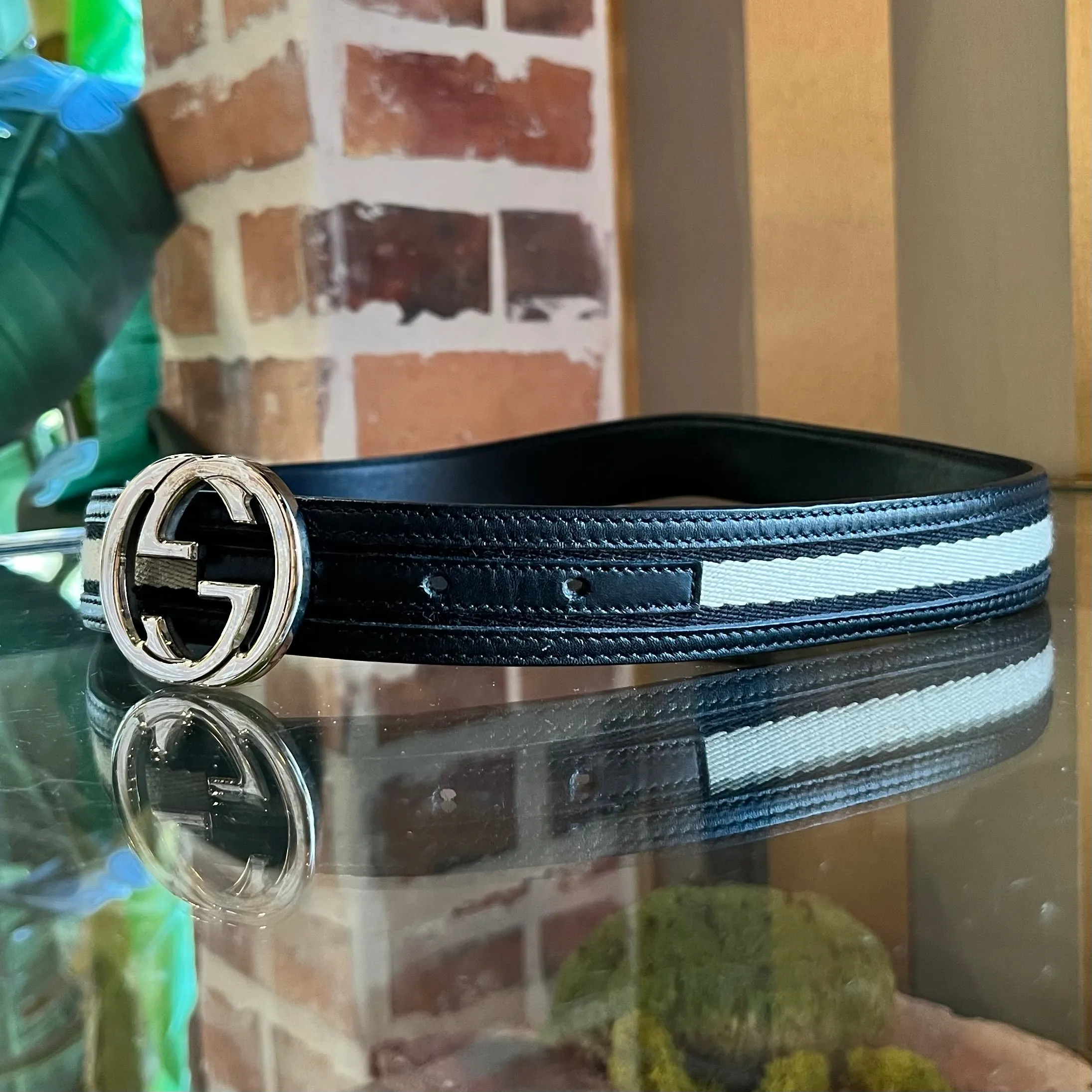GUCCI Interlocking G Monogram Canvas Leather Belt SZ75/30(2US)