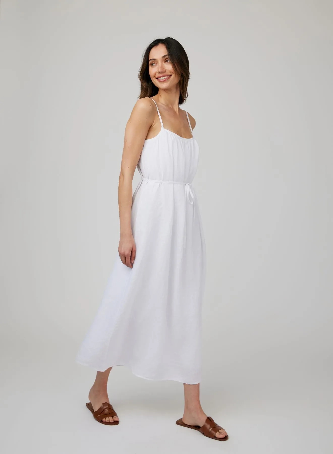 Linen Shirred Maxi Dress - White
