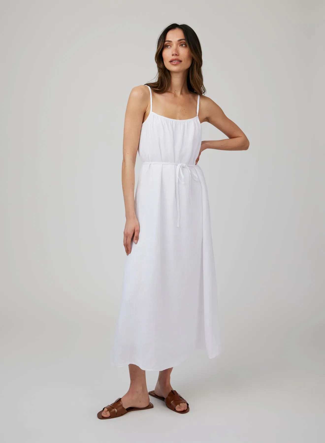 Linen Shirred Maxi Dress - White