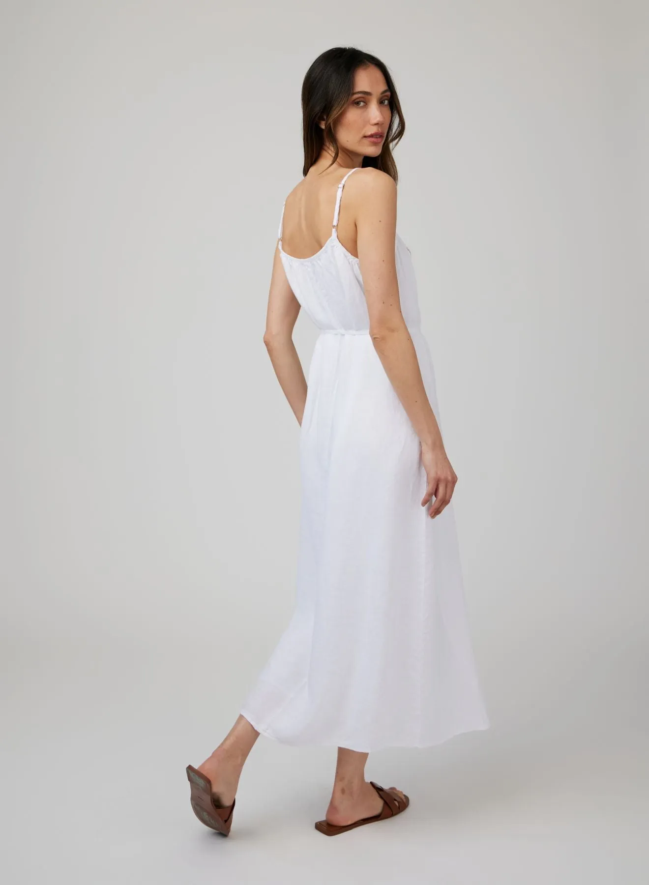 Linen Shirred Maxi Dress - White