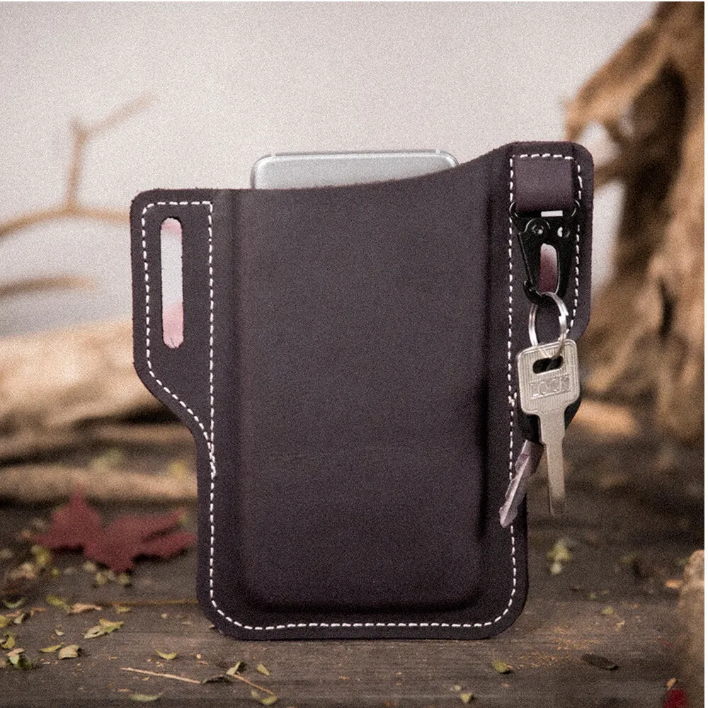 Men Genuine Leather Retro Easy Carry Car KeyChain Phone Bag Belt Bag Waist Bag With Belt Loop