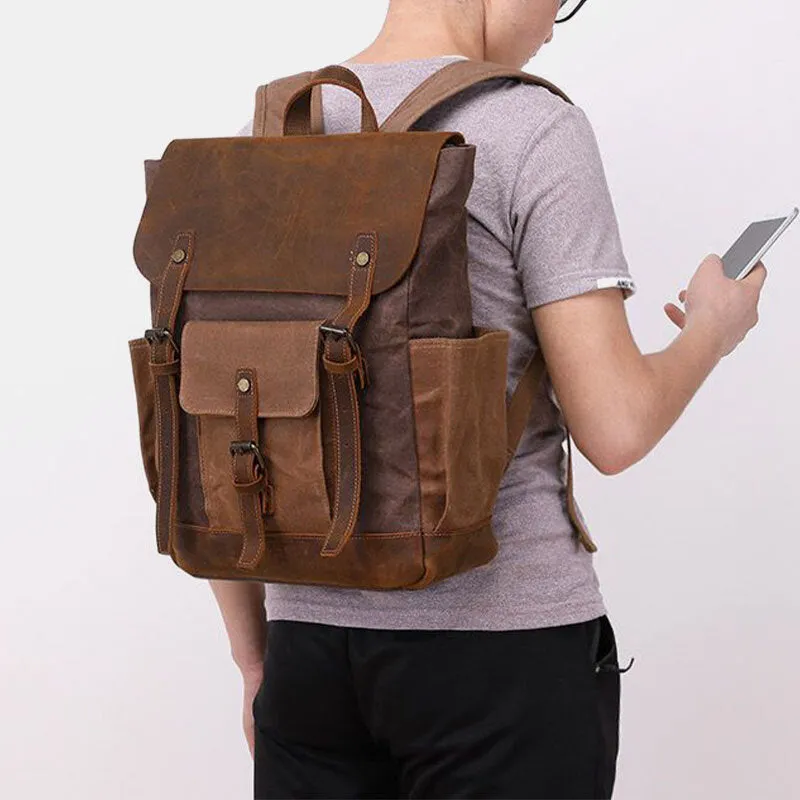 Men Oil Wax Canvas Multi-pocket Backpack Large Capacity Breathable Wear-resistant 14 Inch Laptop Bag