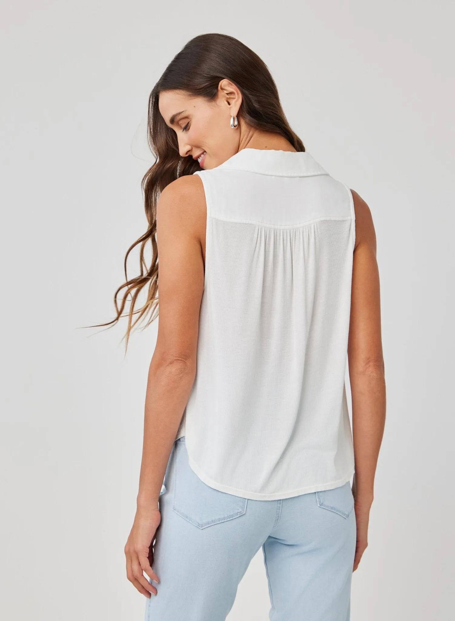 Mixed Sleeveless Button Down - White