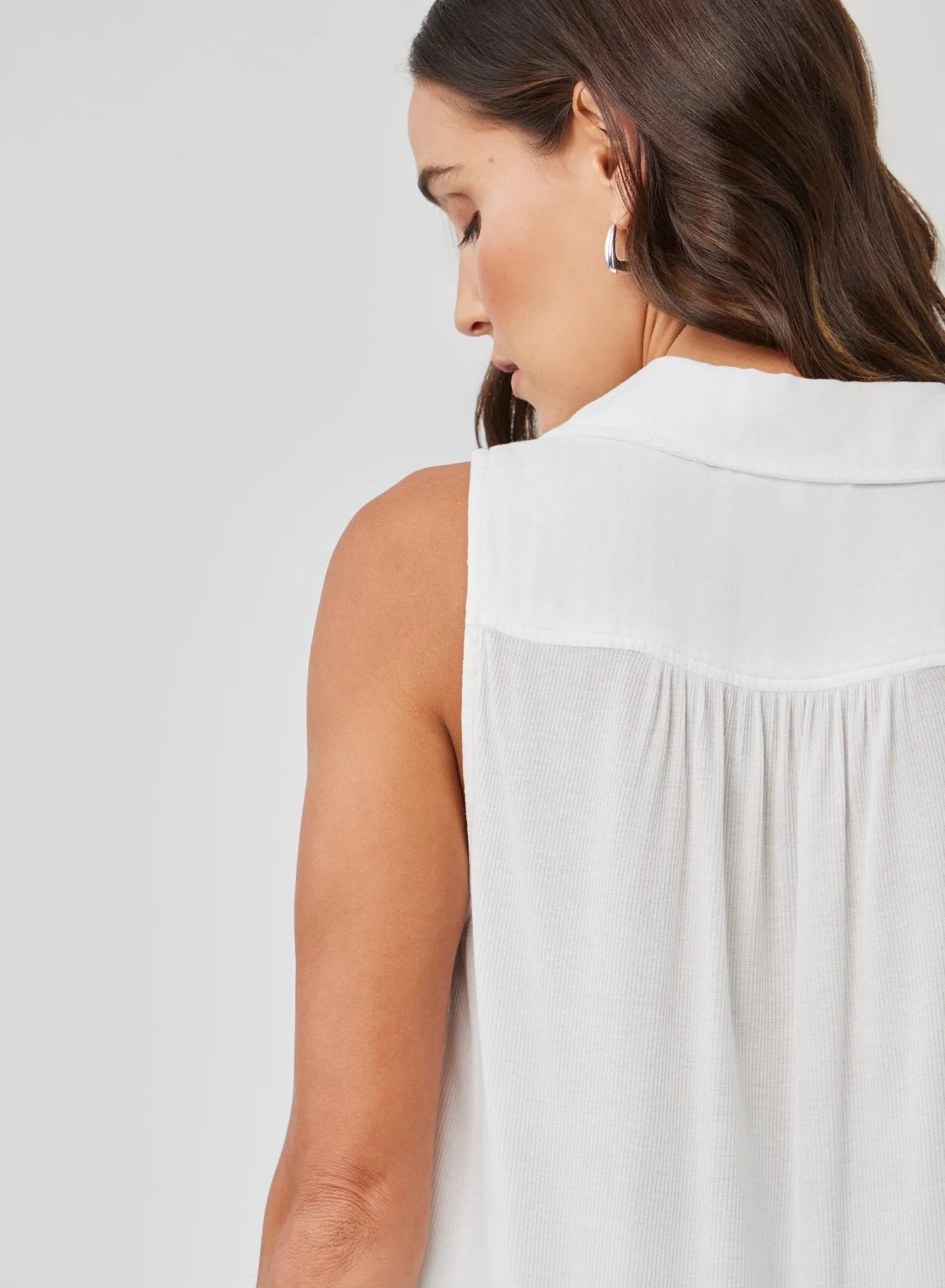 Mixed Sleeveless Button Down - White