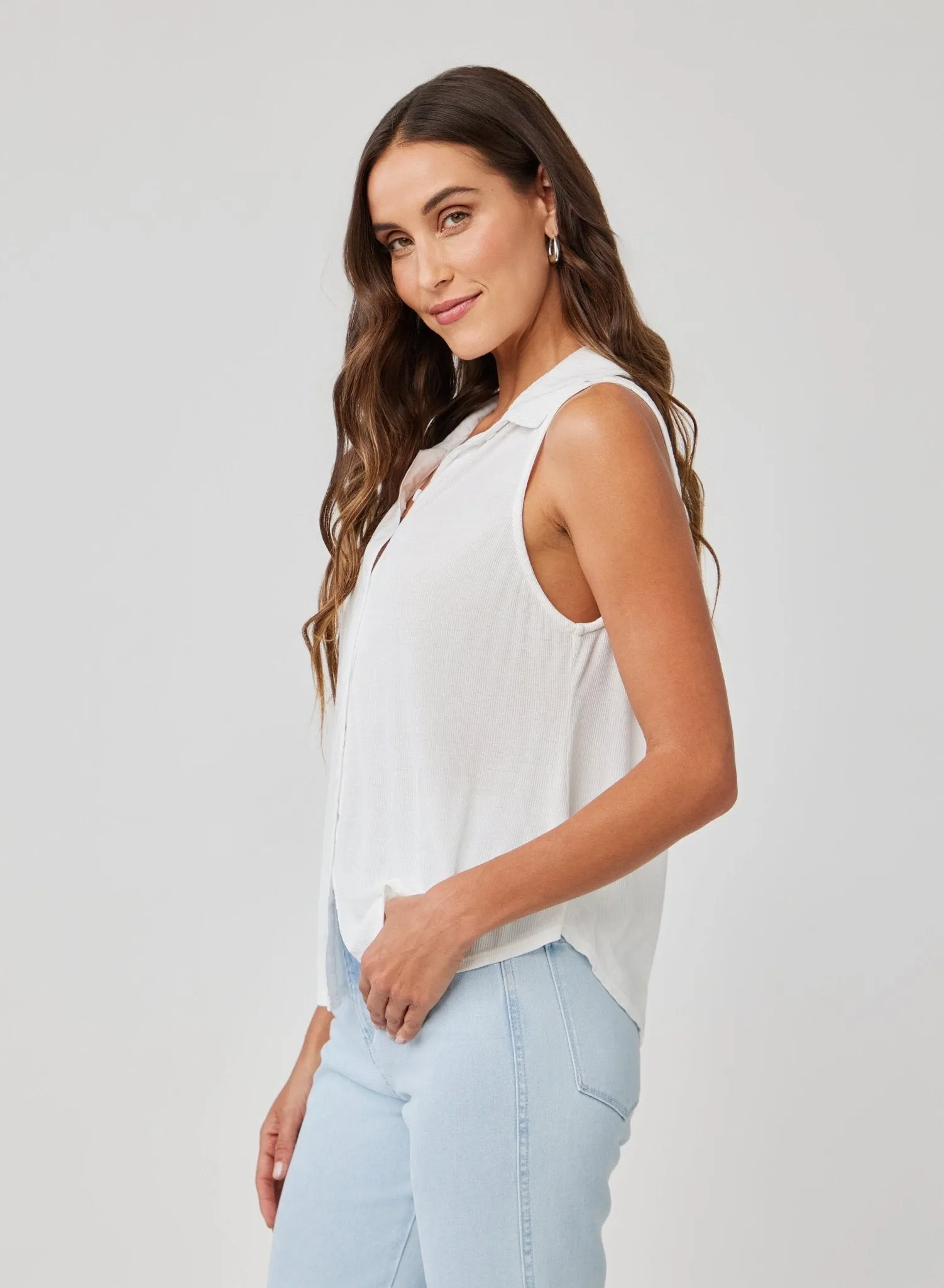Mixed Sleeveless Button Down - White