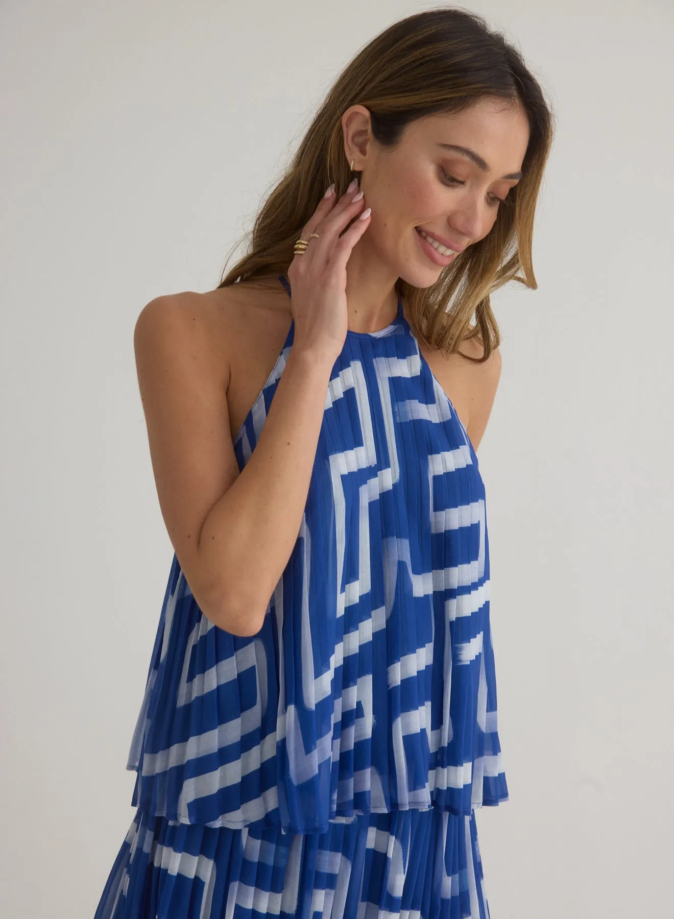 Pleated Halter Top - Coastal Line Print