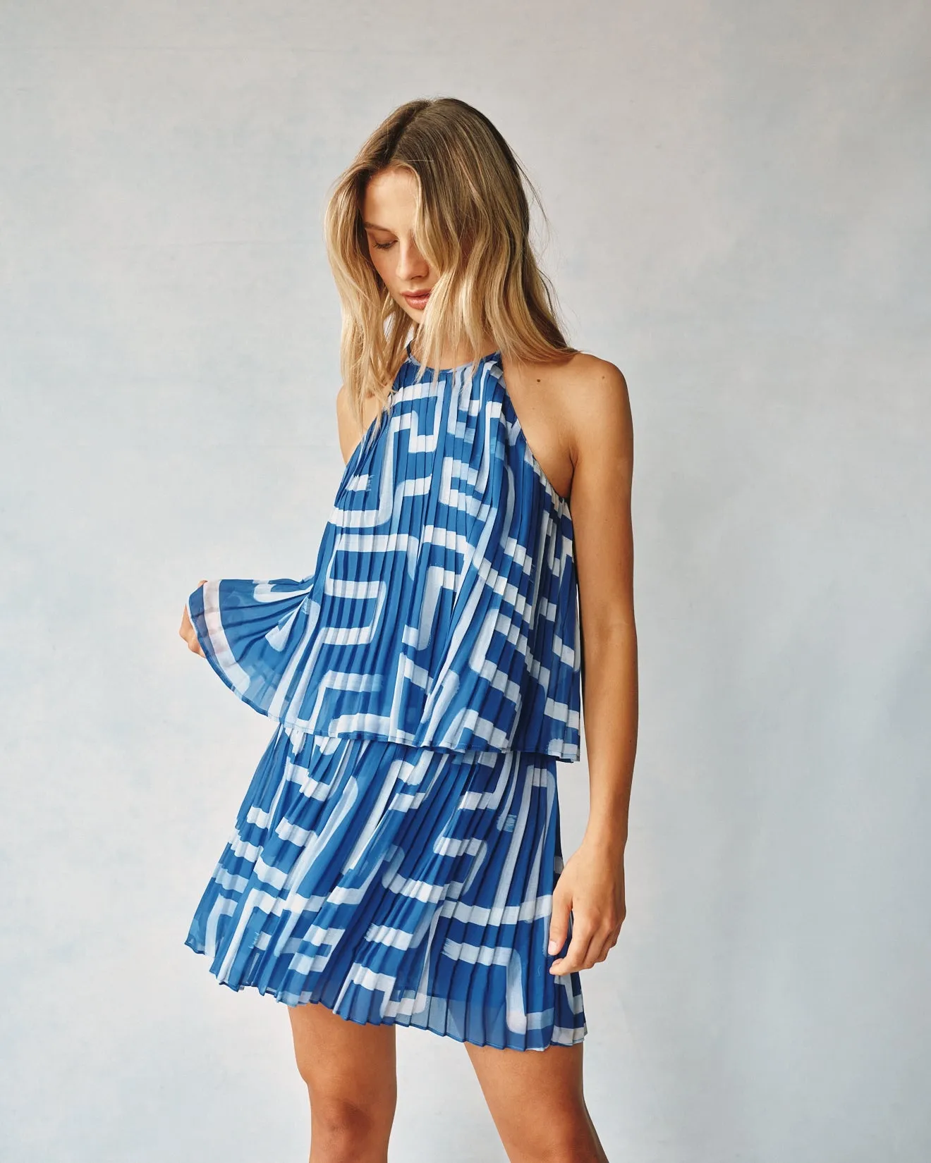 Pleated Halter Top - Coastal Line Print