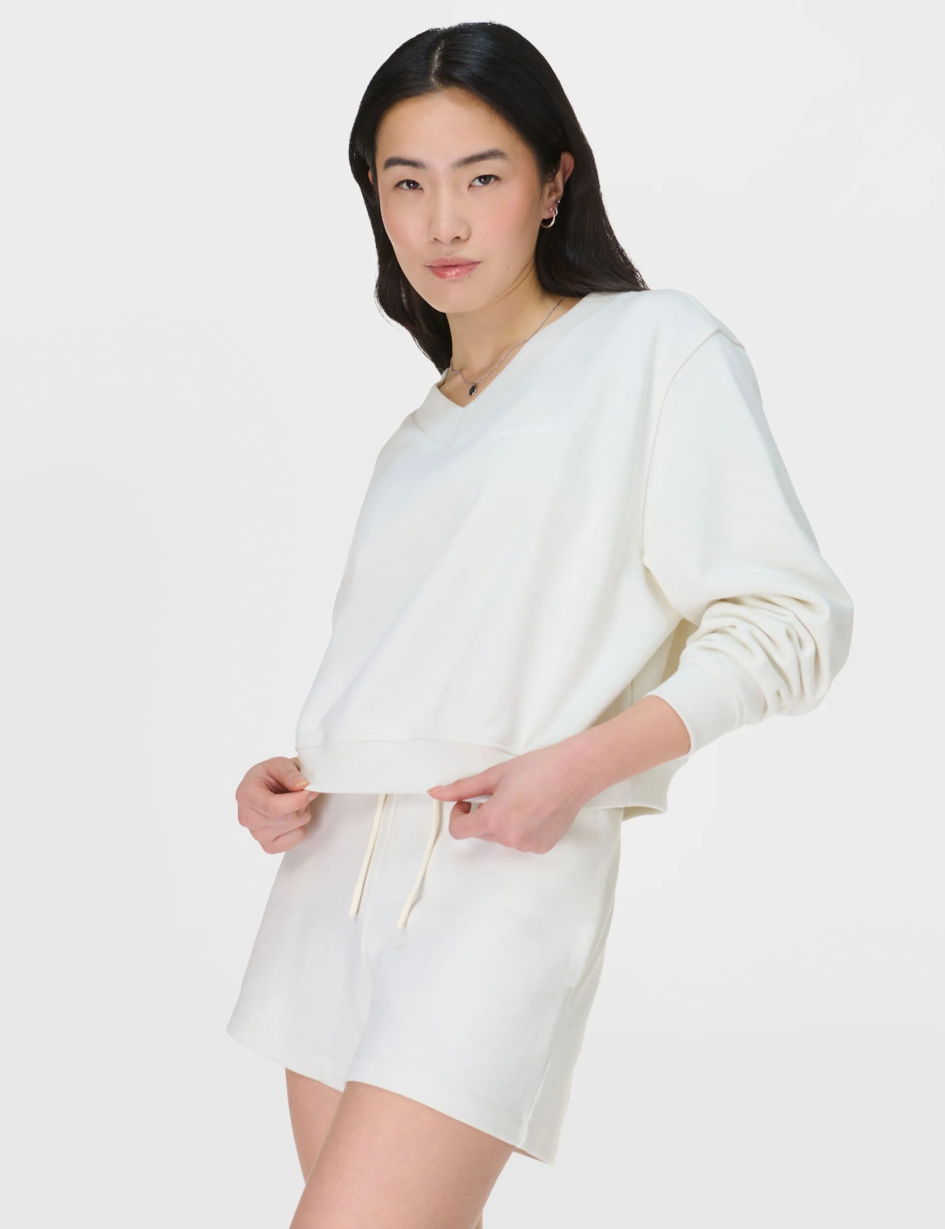 Revive Crop V-Neck Sweatshirt - Lily White