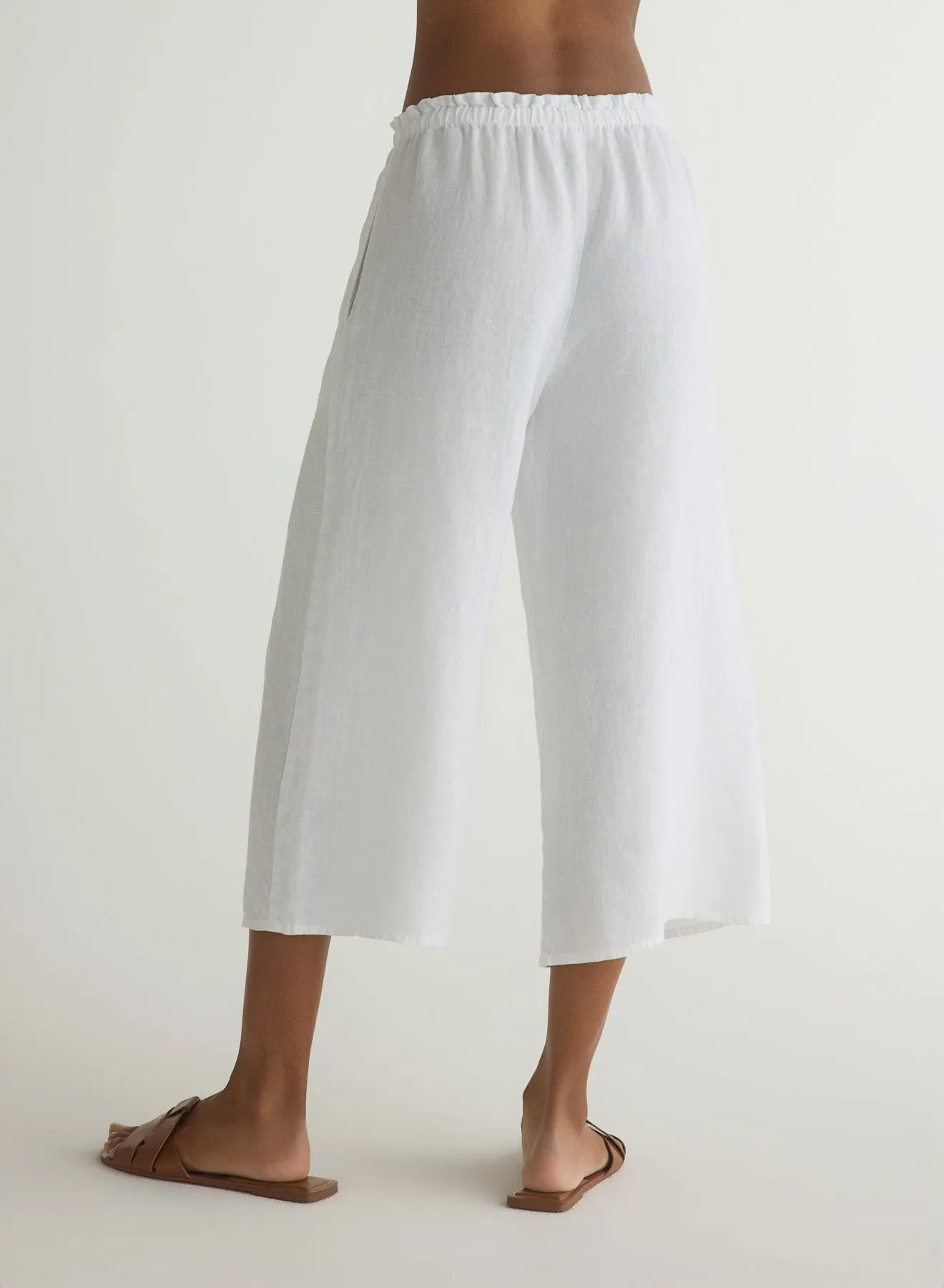 Ruffle Waist Wide Leg Crop - White