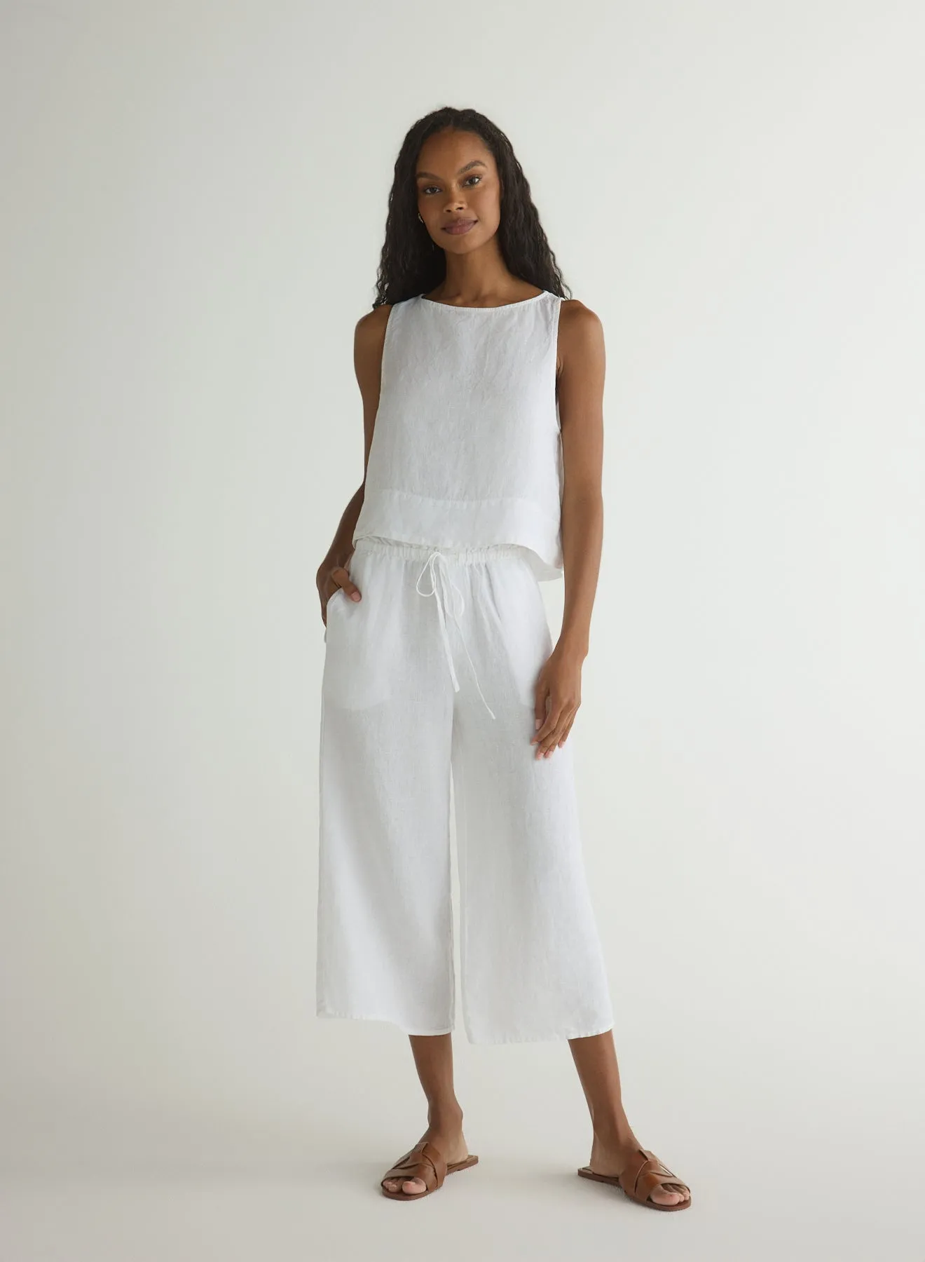 Ruffle Waist Wide Leg Crop - White