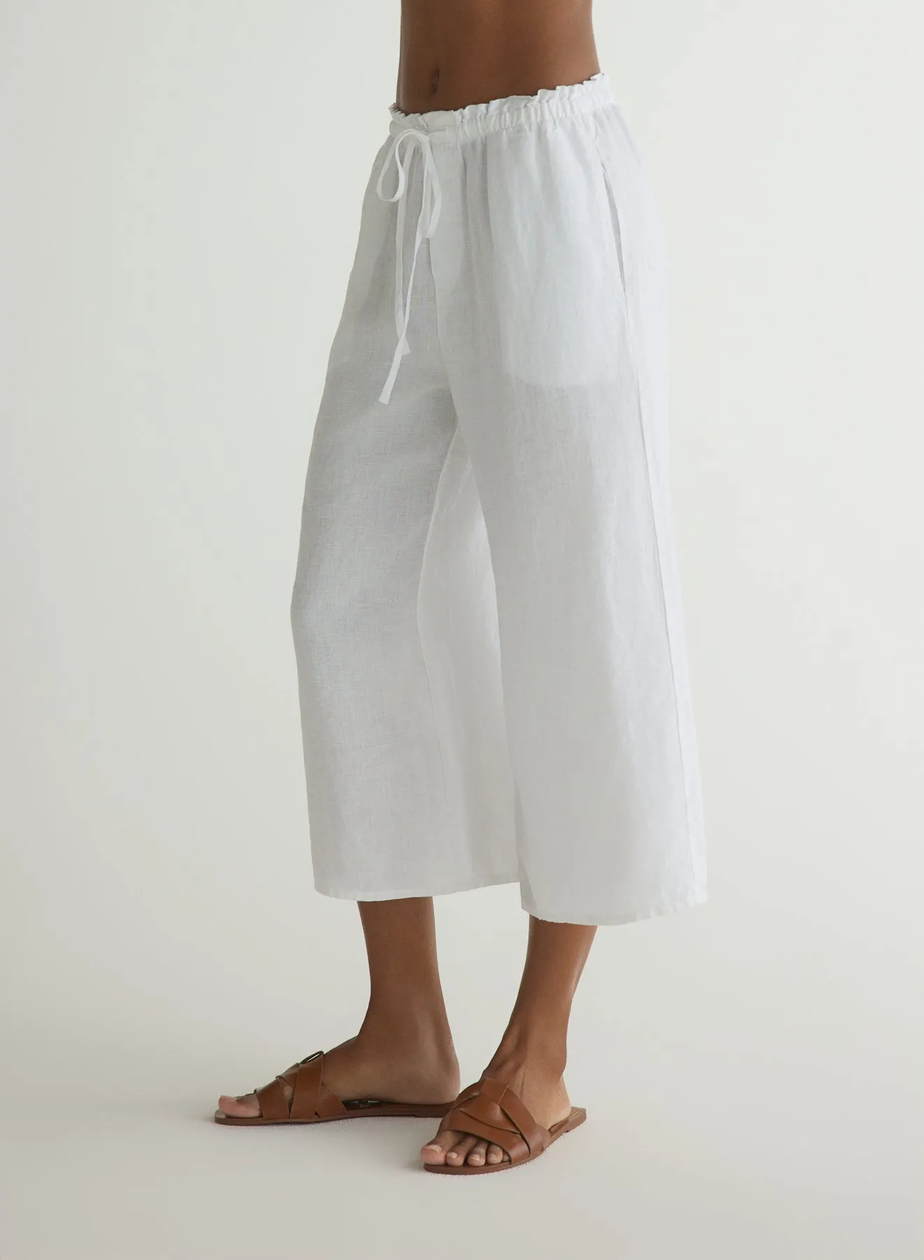 Ruffle Waist Wide Leg Crop - White