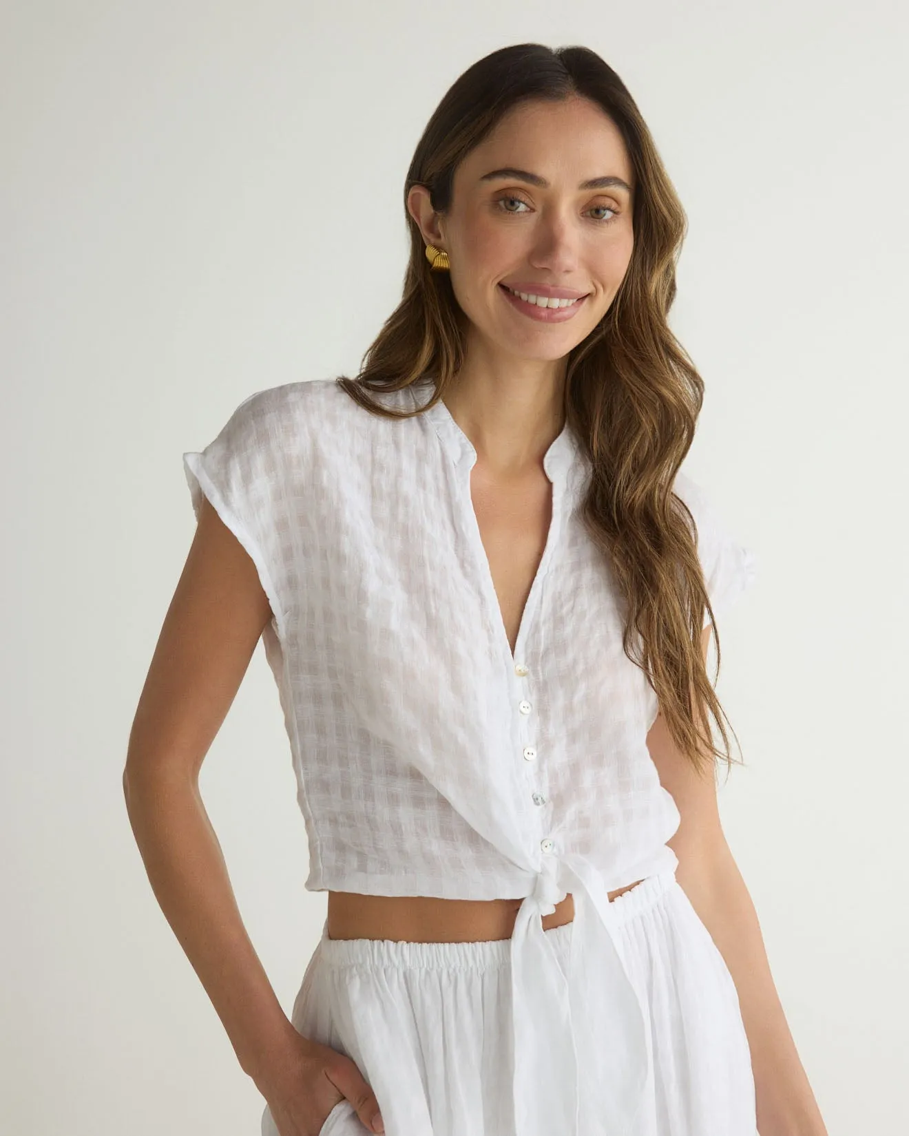 Short Sleeve Tie Front Top - White
