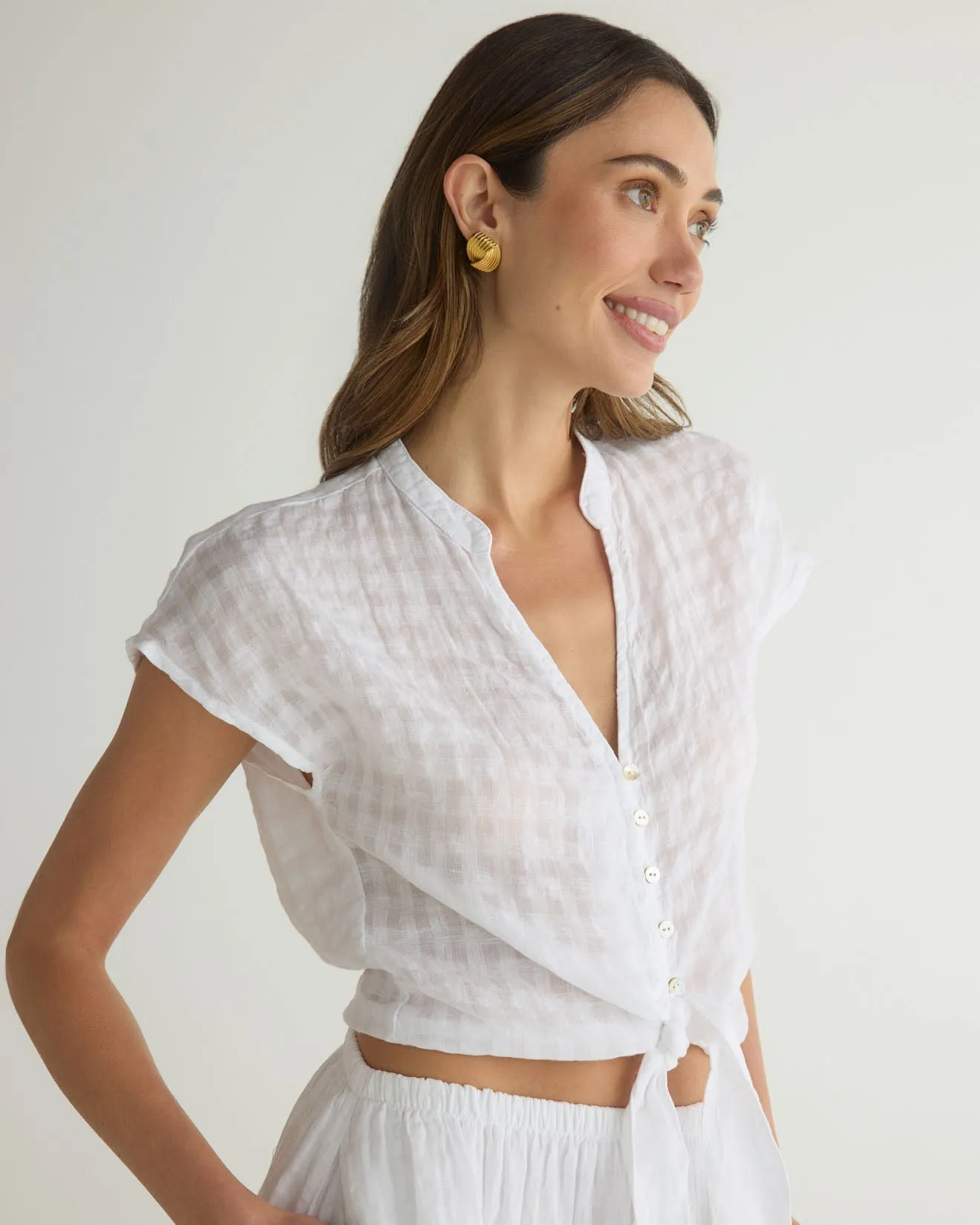 Short Sleeve Tie Front Top - White