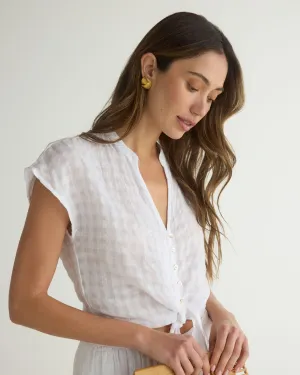 Short Sleeve Tie Front Top - White