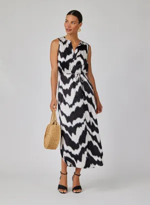 Sleeveless Belted Maxi Dress - Abstract Ikat Print