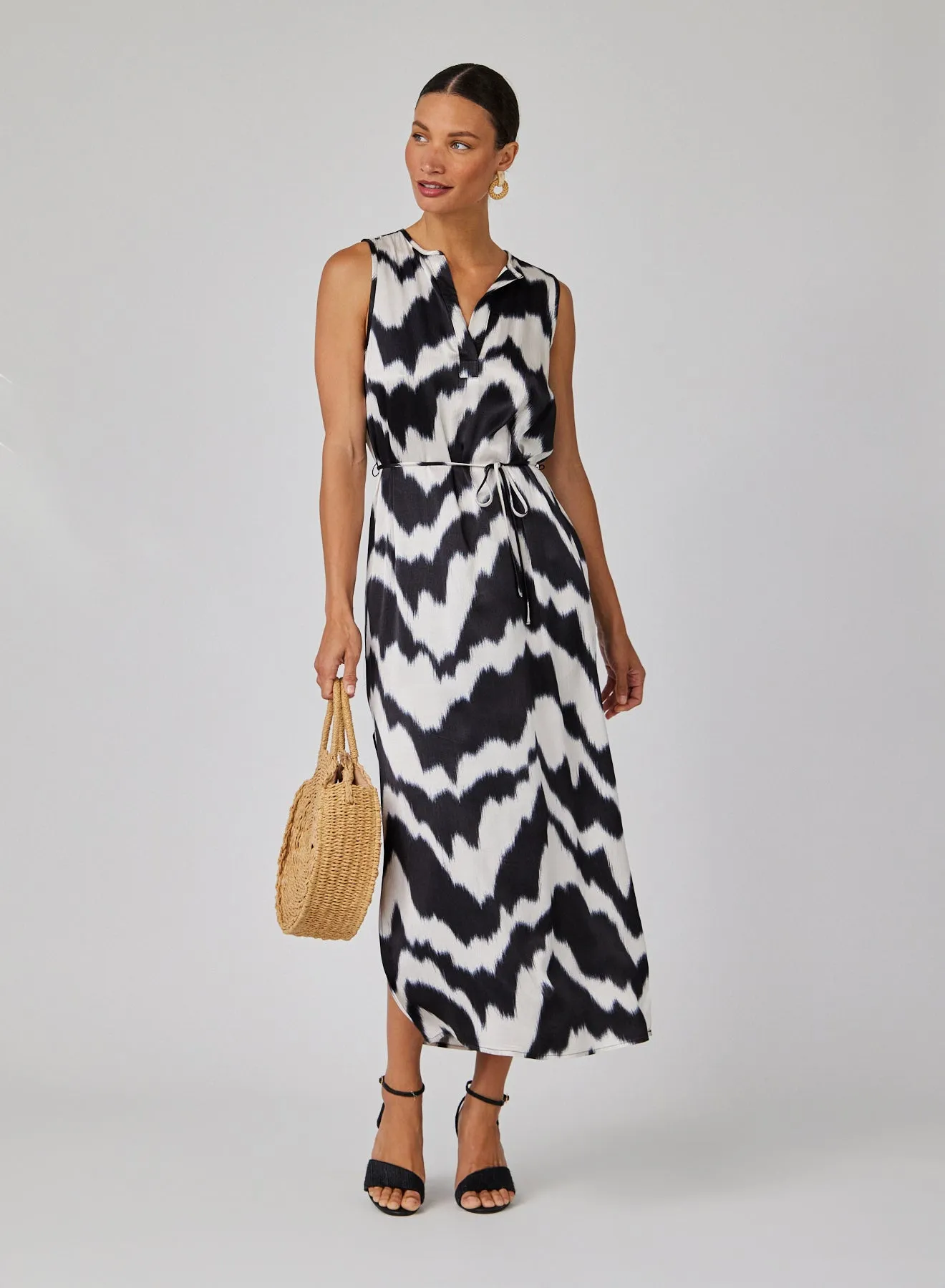 Sleeveless Belted Maxi Dress - Abstract Ikat Print