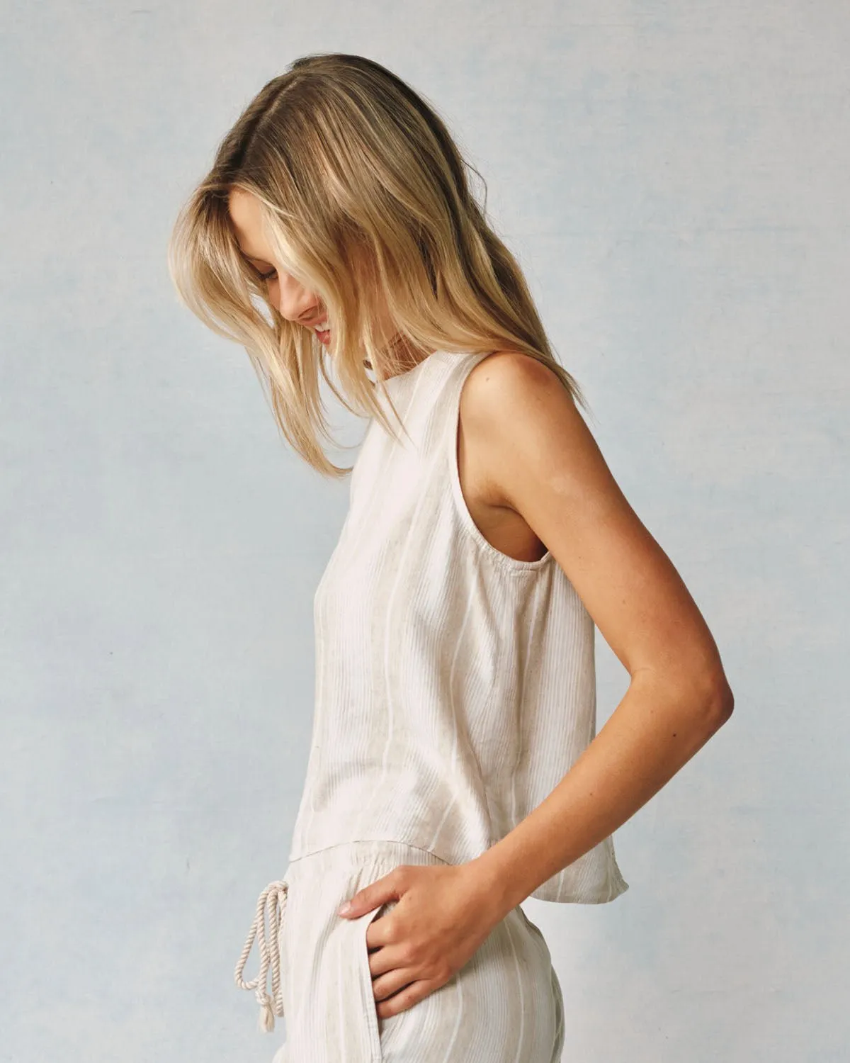 Sleeveless Button Back Top - Positano Sand Stripe