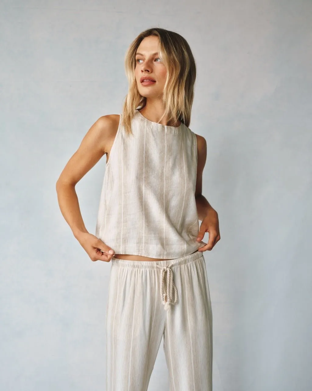Sleeveless Button Back Top - Positano Sand Stripe