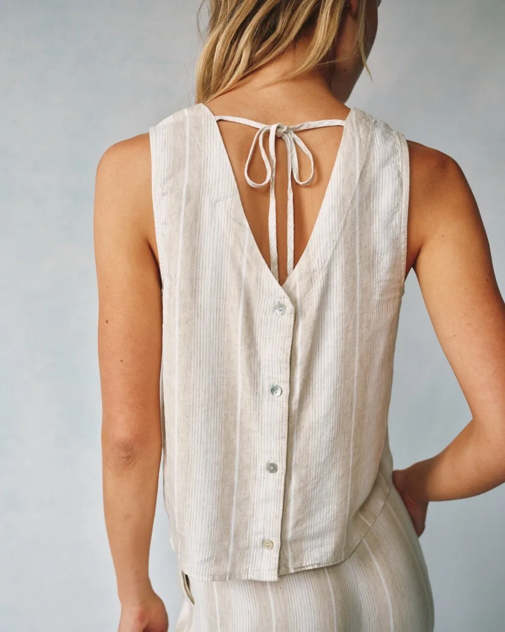 Sleeveless Button Back Top - Positano Sand Stripe