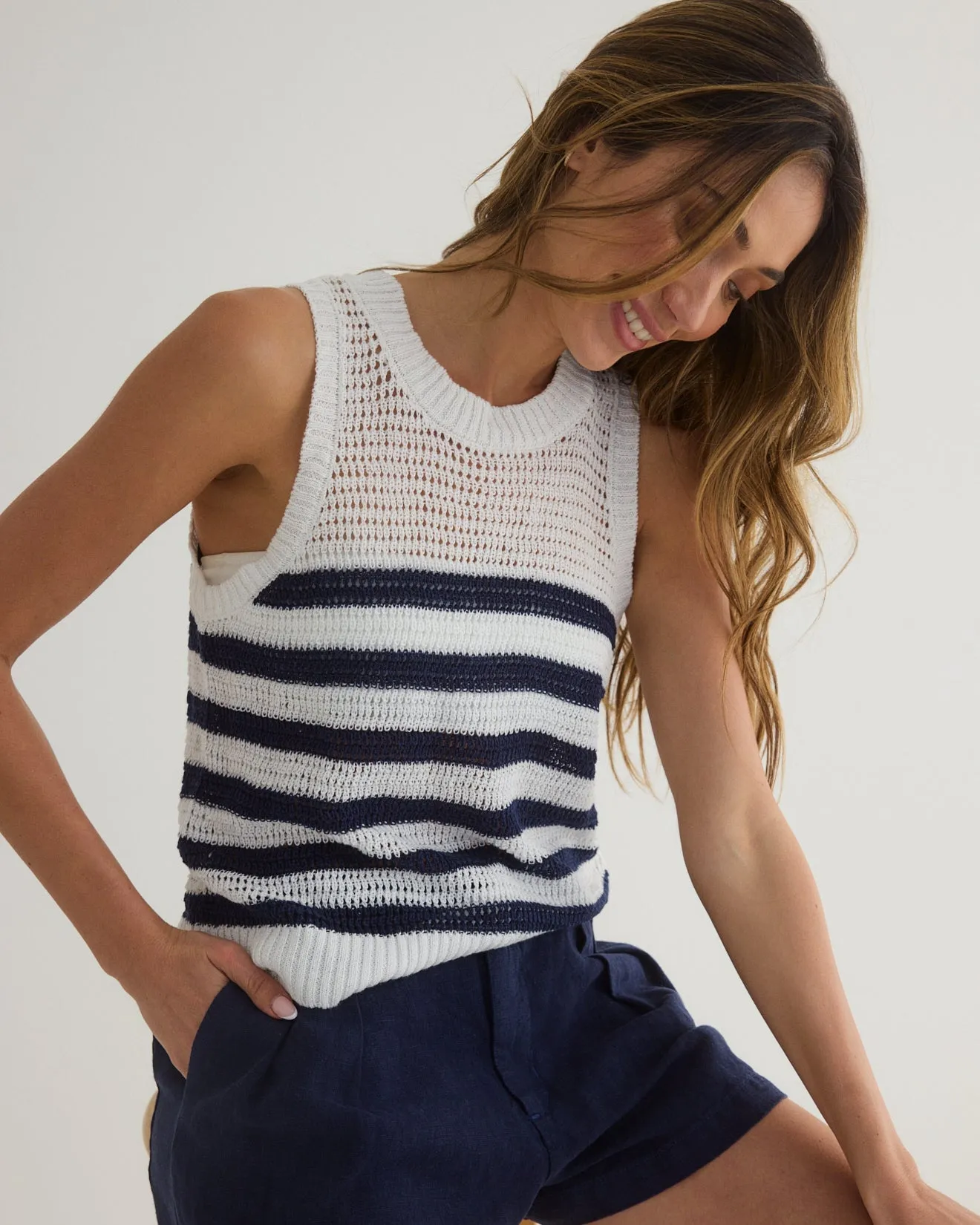 Sleeveless Crew Neck Top - Navy & White Stripe