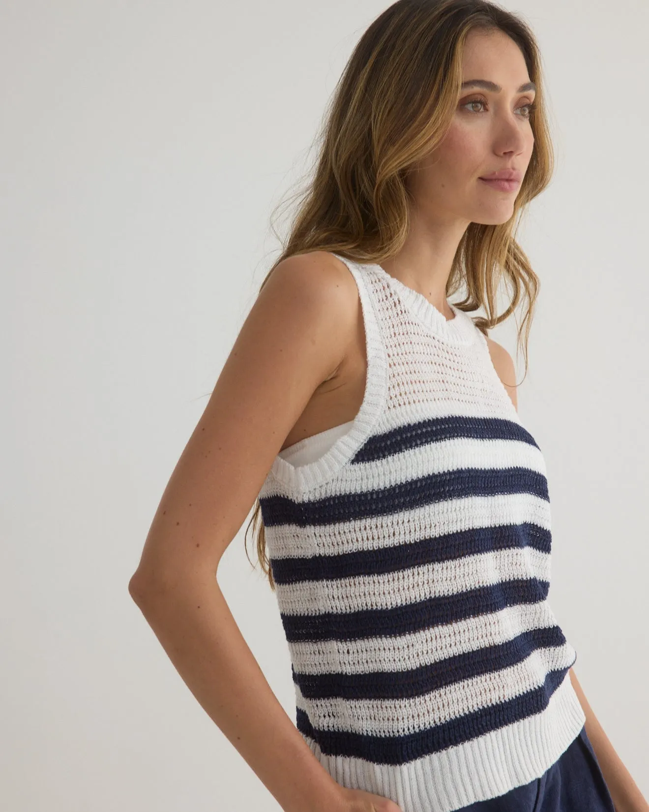 Sleeveless Crew Neck Top - Navy & White Stripe