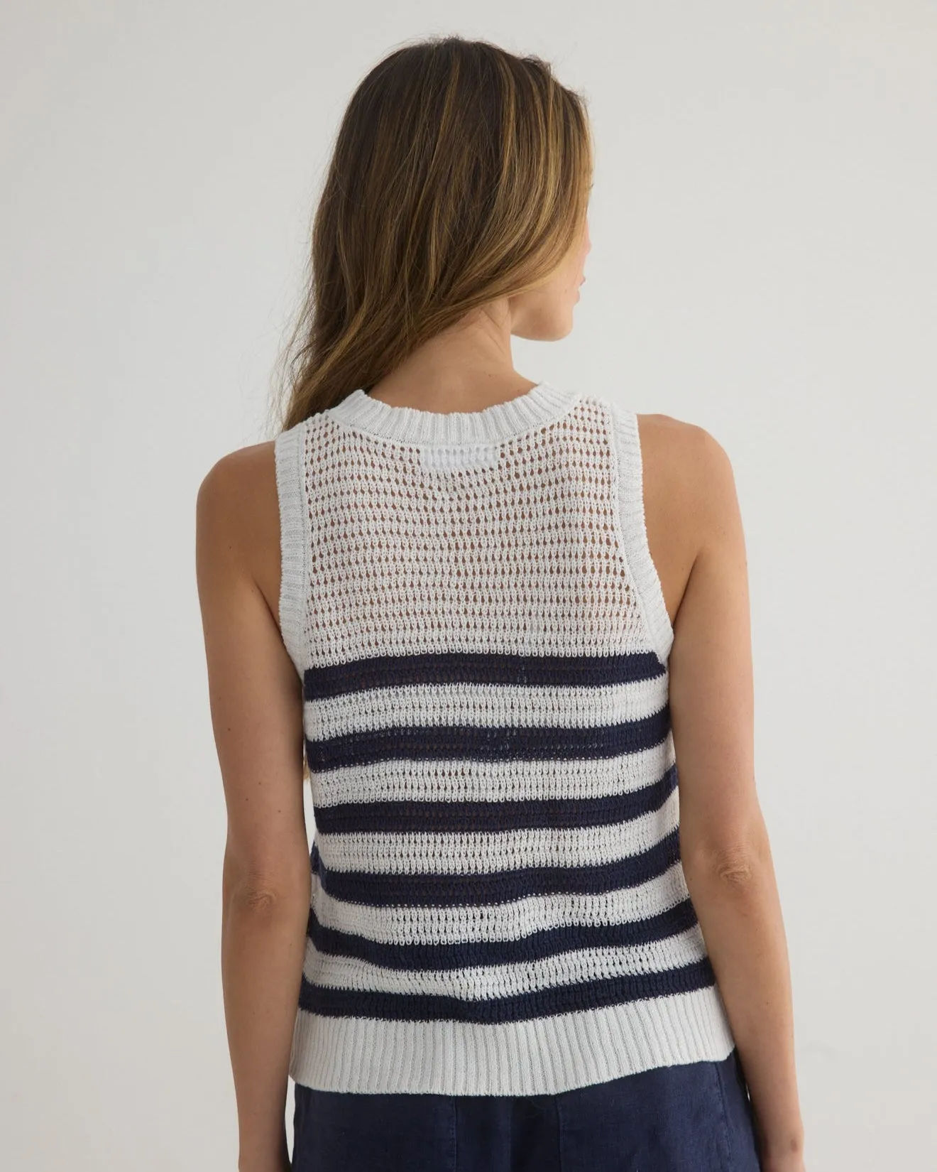 Sleeveless Crew Neck Top - Navy & White Stripe