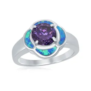 Sterling Silver Blue Opal Flower with Amethyst Ring - W-1437