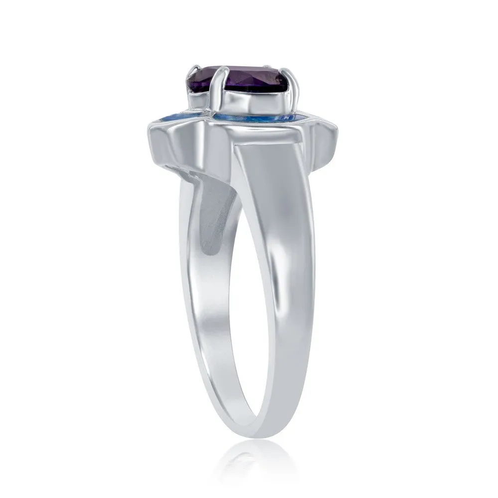 Sterling Silver Blue Opal Flower with Amethyst Ring - W-1437
