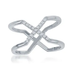 Sterling Silver Center CZ X Double Band Ring - W-1371