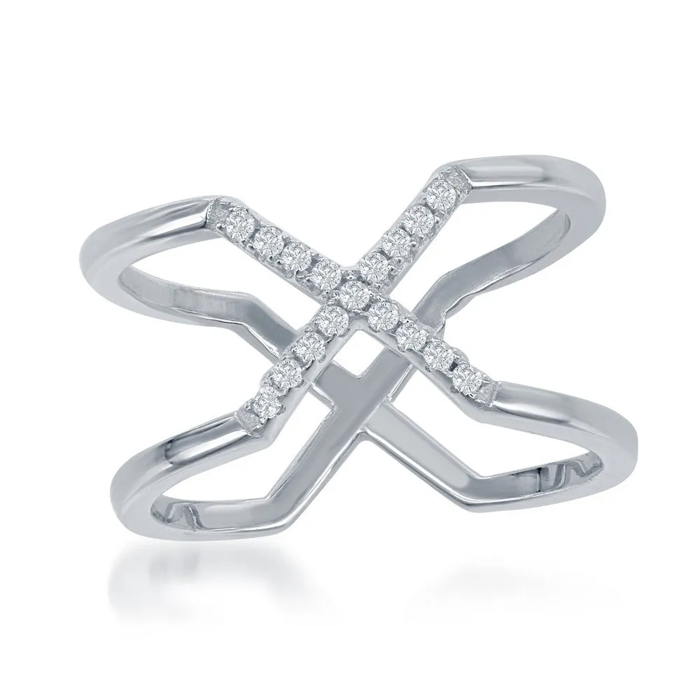 Sterling Silver Center CZ X Double Band Ring - W-1371