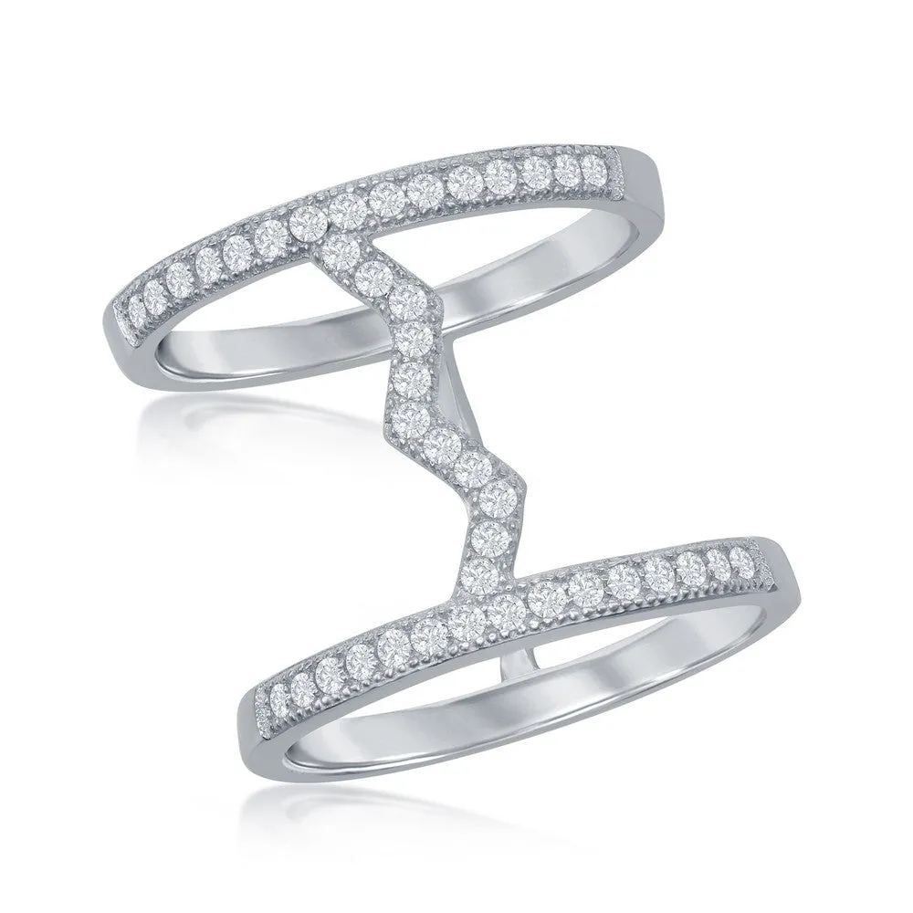 Sterling Silver Center Heartbeat Double Row CZ Ring - W-1286