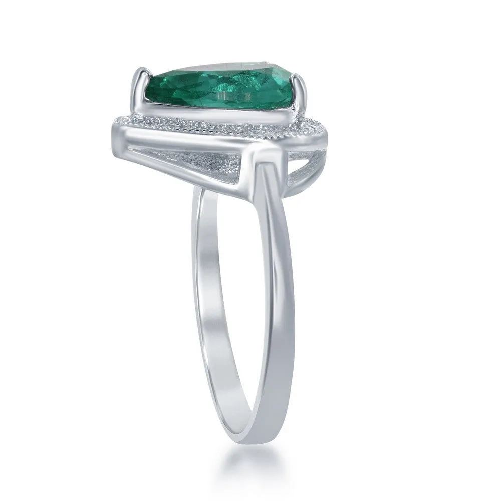 Sterling Silver CZ Border Teardrop Emerald Ring - W-1757