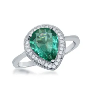 Sterling Silver CZ Border Teardrop Emerald Ring - W-1757