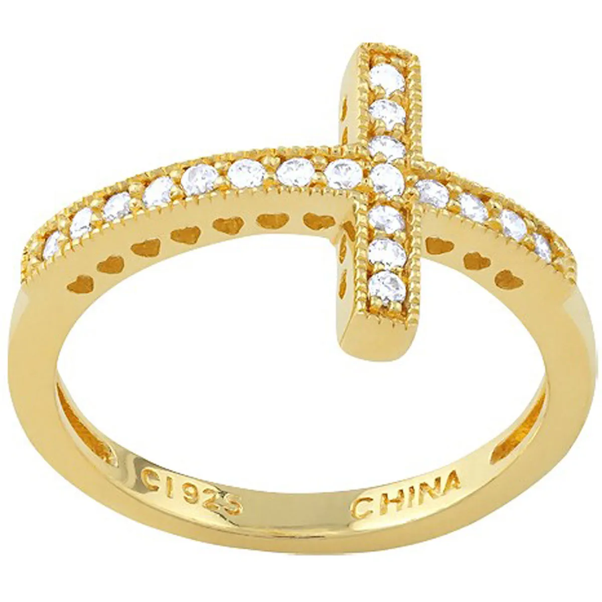 Sterling Silver CZ GP Sideways Cross Ring - W-9648